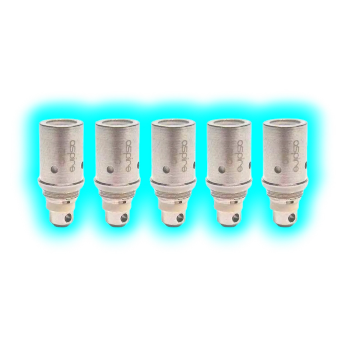 Fünf zylindrische Aspire BVC Clearomizer-Ersatzcoils mit sichtbaren Luftlöchern und Schriftzug