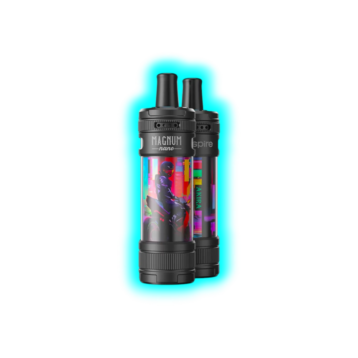 Zwei schwarze Aspire Magnum Nano E-Zigaretten mit farbigen, grafischen Motiven und Schriftzügen