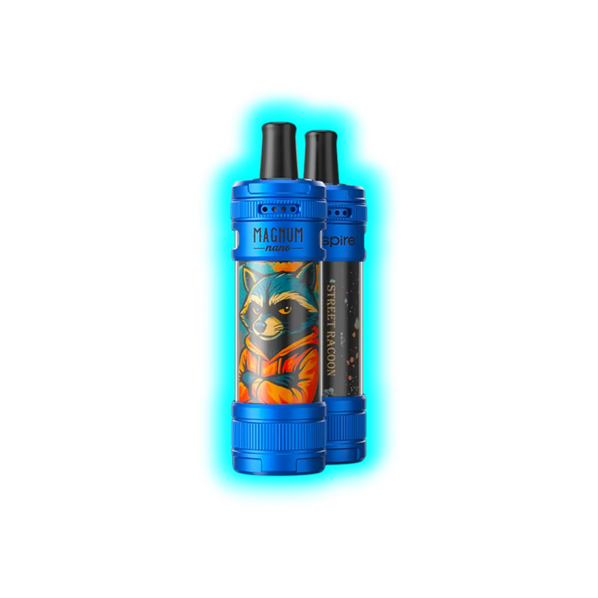 Zwei blaue Aspire Magnum Nano E-Zigaretten mit aufgedrucktem Waschbär-Motiv und Schriftzug