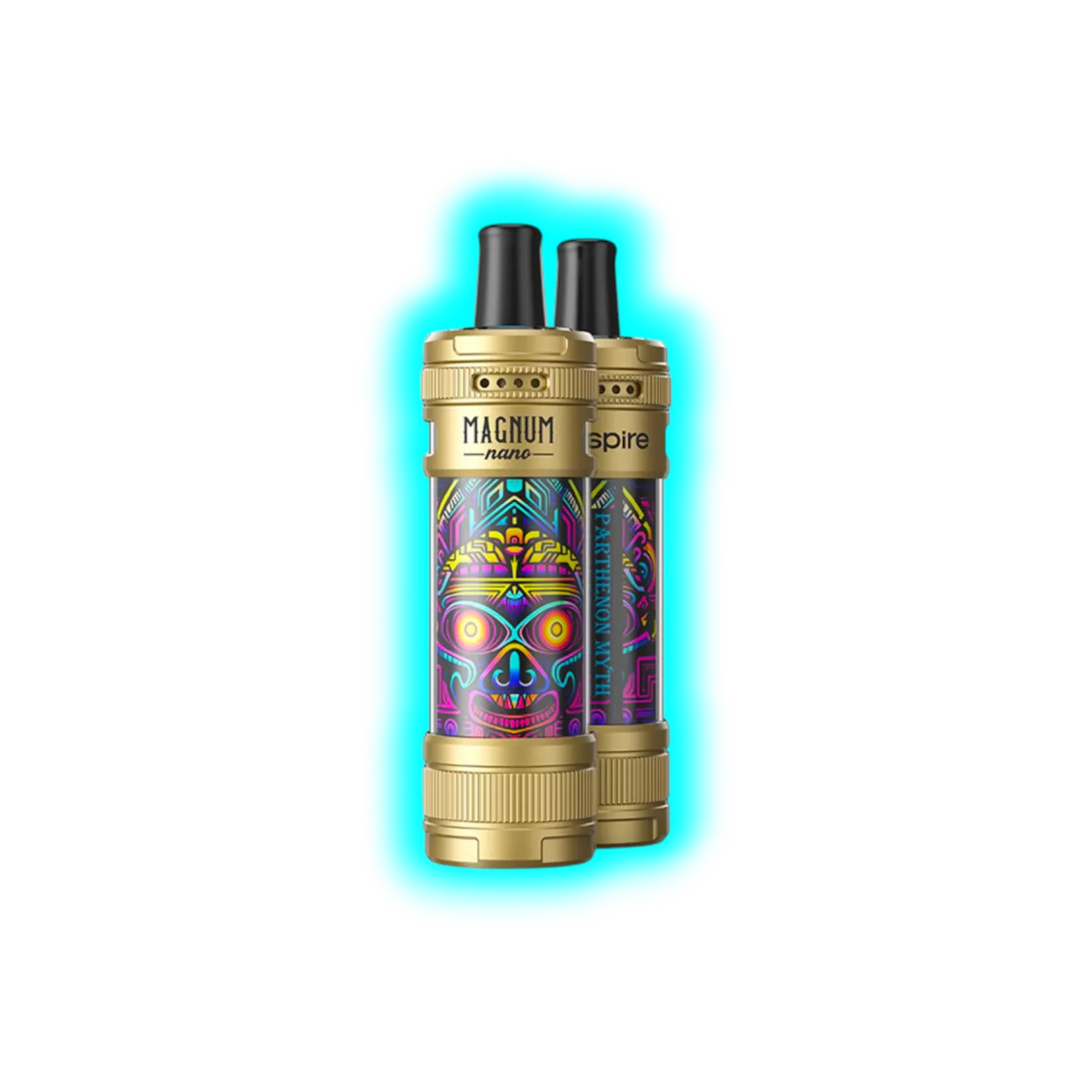 Zwei goldfarbene Aspire Magnum Nano E-Zigaretten mit farbenfrohem, abstraktem Totenkopf-Design und schwarzem Mundstück