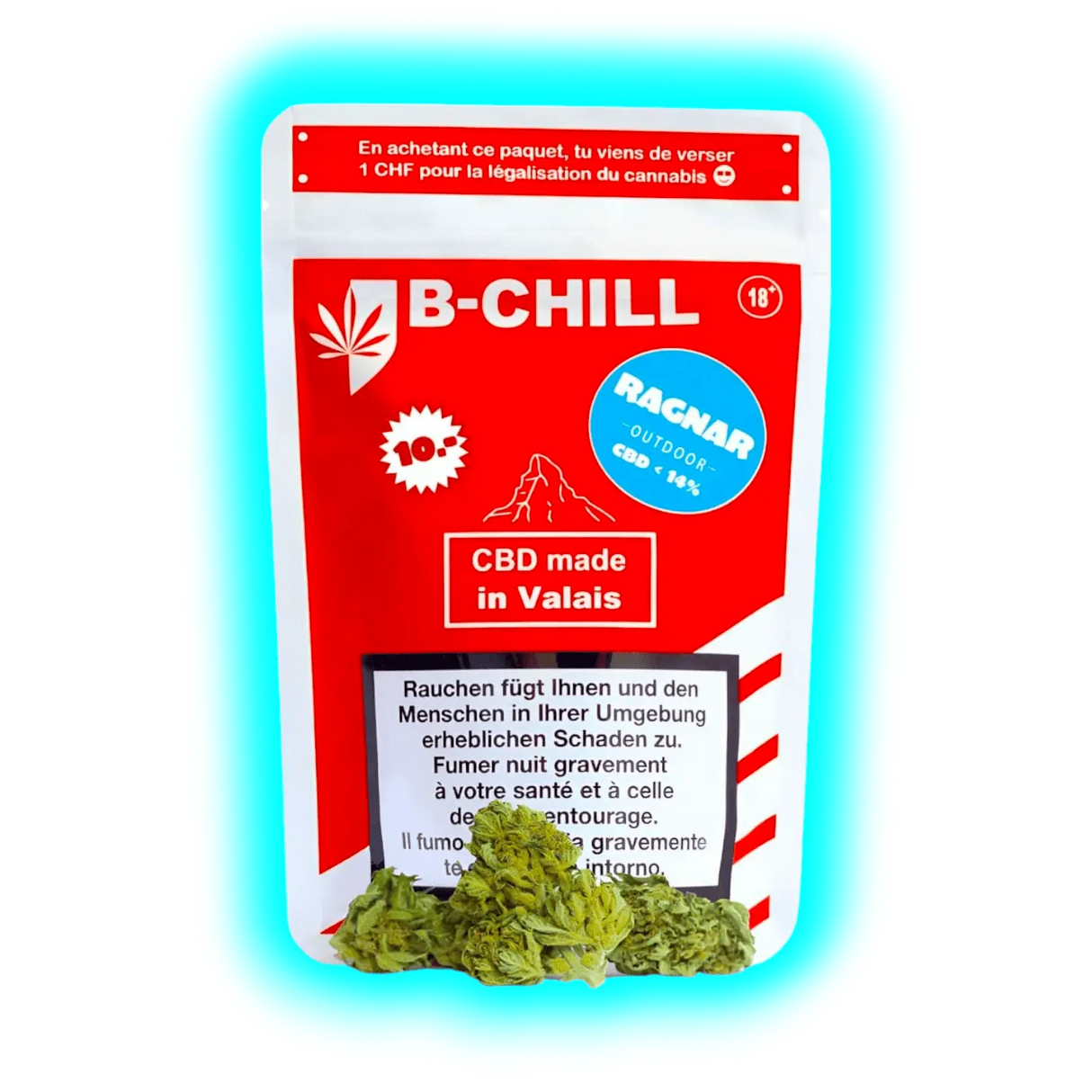 Rote ‚B-CHILL‘ Packung (CBD made in Valais) mit mehrsprachigen Warntexten und davor liegenden, grünen Hanfblüten