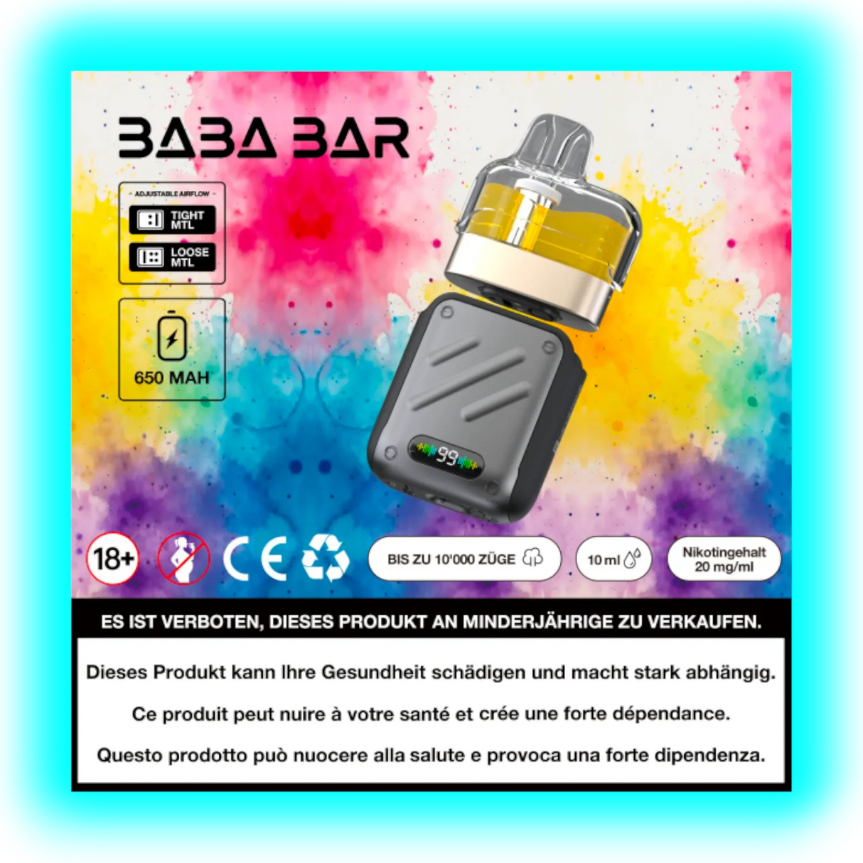 Elektronisches Vape-Gerät mit transparentem Tank und digitaler Anzeige vor buntem Hintergrund mit Produktinformationen und Warnhinweisen in mehreren Sprachen