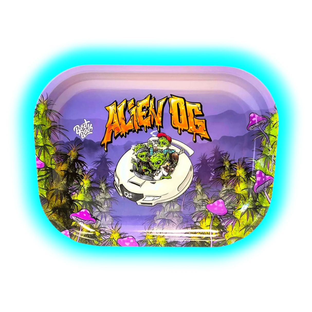 Best Buds Thin Box Rolling Tray with Storage Alien OG