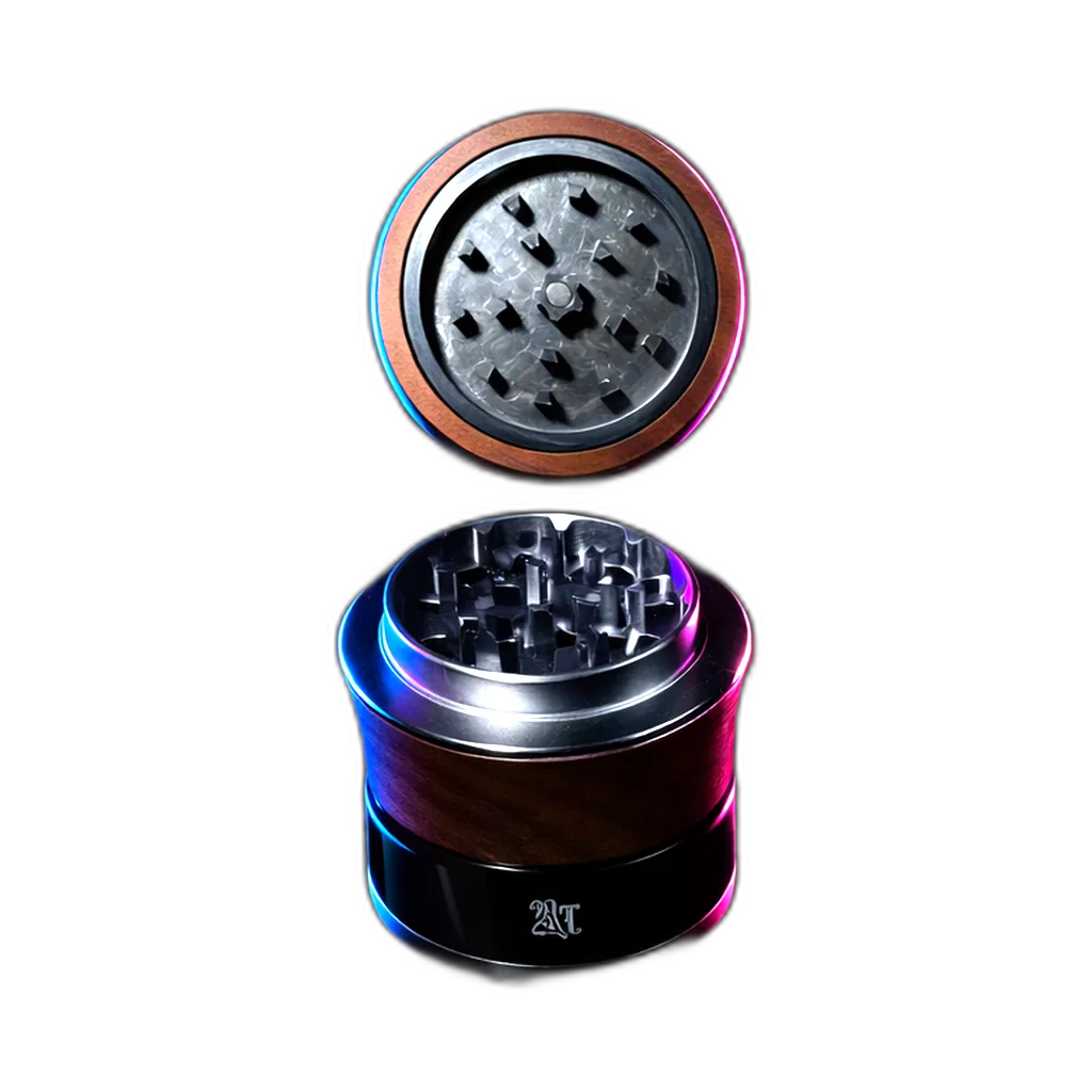 Black Leaf Alu Grinder 4 Parts Wood and Violet Glass aus der Vogelperspektive von oben fotografiert