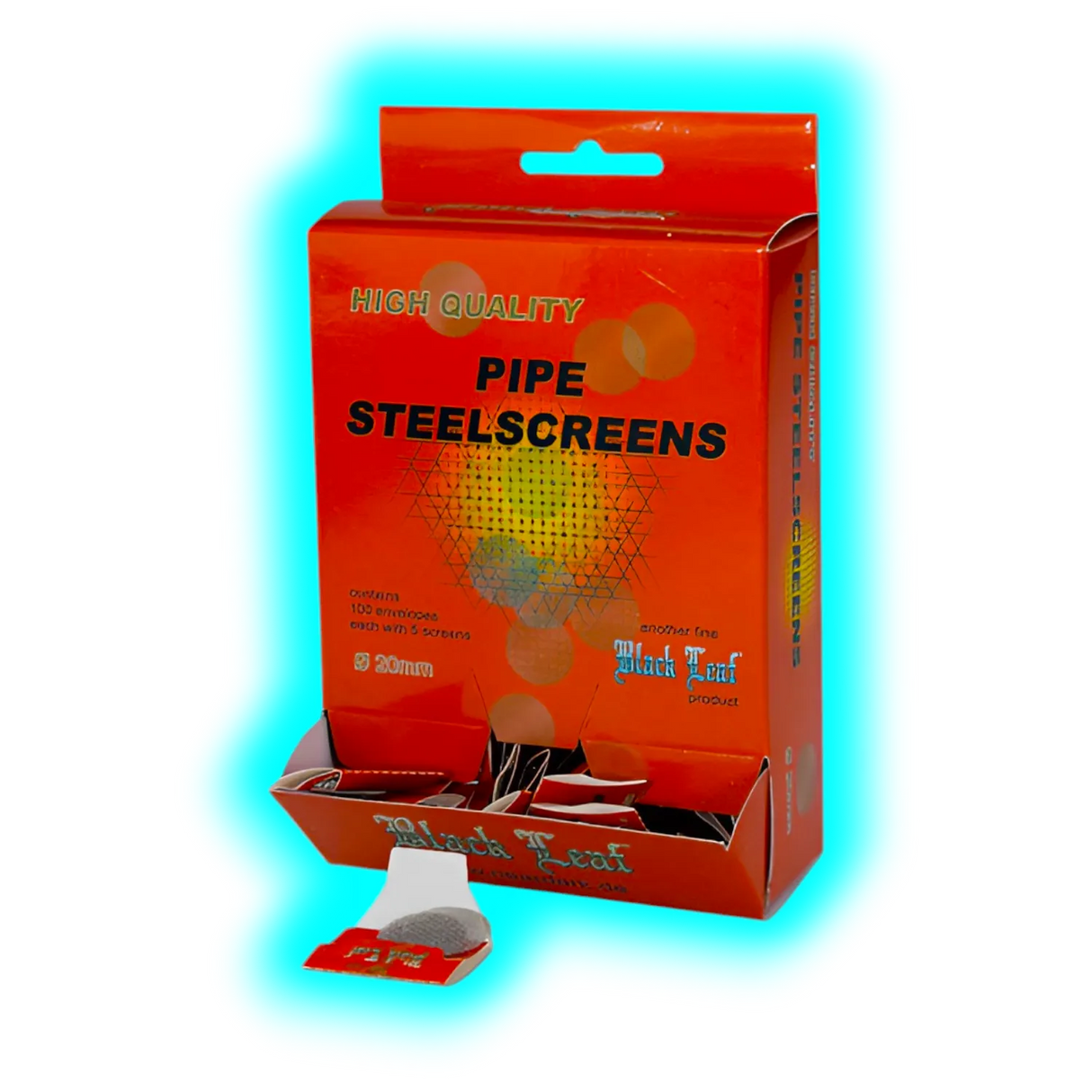 Geöffnete orangefarbene Verpackung mit dem Schriftzug HIGH QUALITY PIPE STEELSCREENS und mehreren eingelegten runden Metallsieben