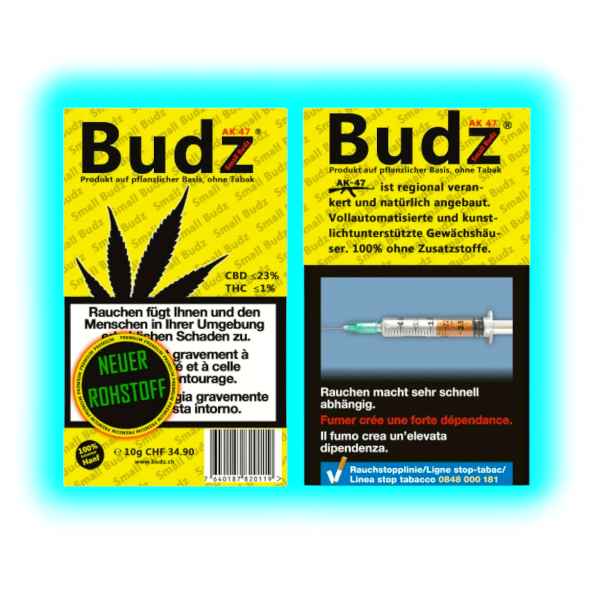 Nahaufnahme: Zweifach gelbes Label. Fokus auf die Symbole (Blatt/Spritze) und die deutlichen Warnhinweise zur Abhängigkeit.