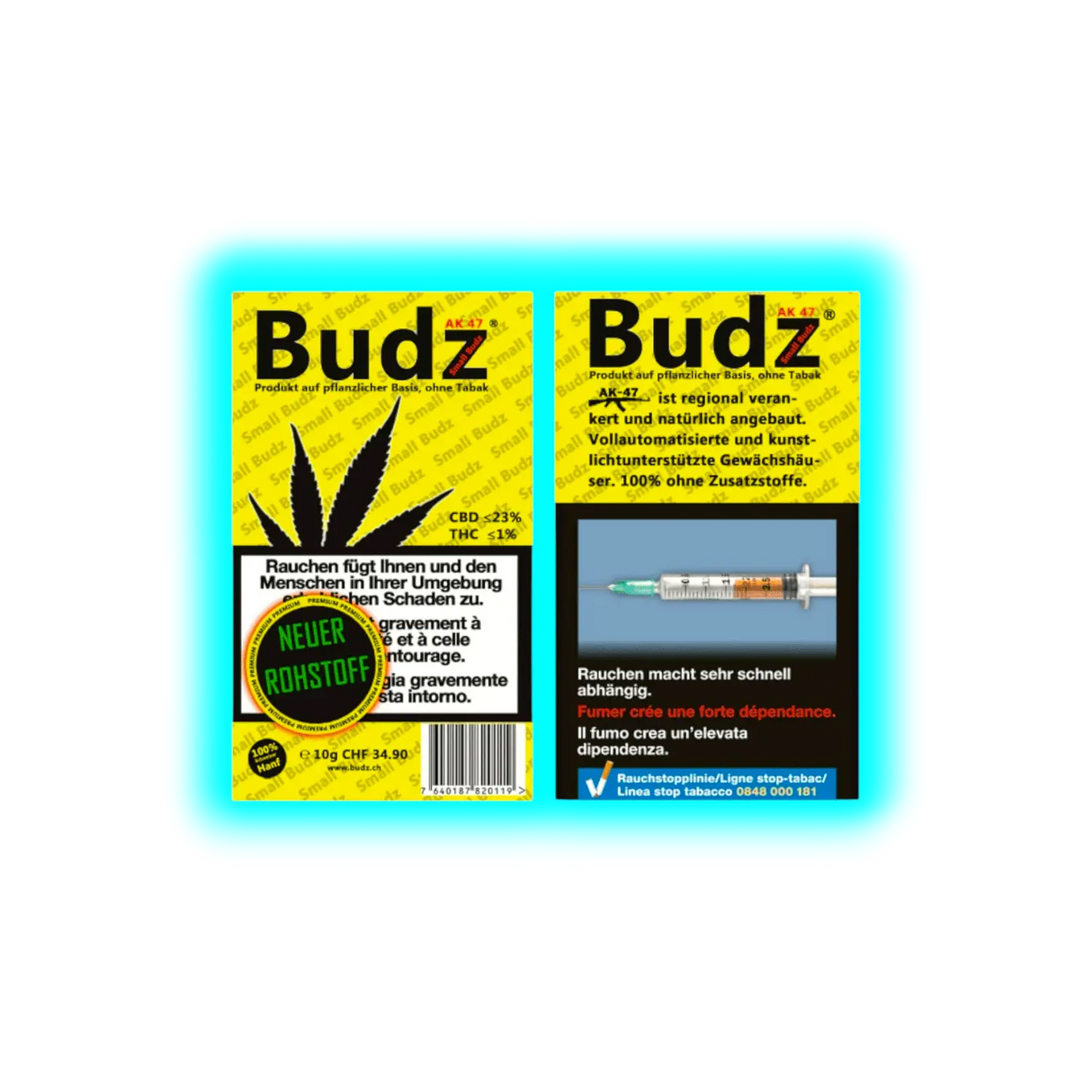 Zweifach gelb hinterlegte Produktetiketten mit schwarzem Text und Cannabisblatt-Symbol auf der linken Seite sowie einer Spritze auf der rechten Seite, mit Warnhinweisen zu Rauchschäden und Abhängigkeit.
