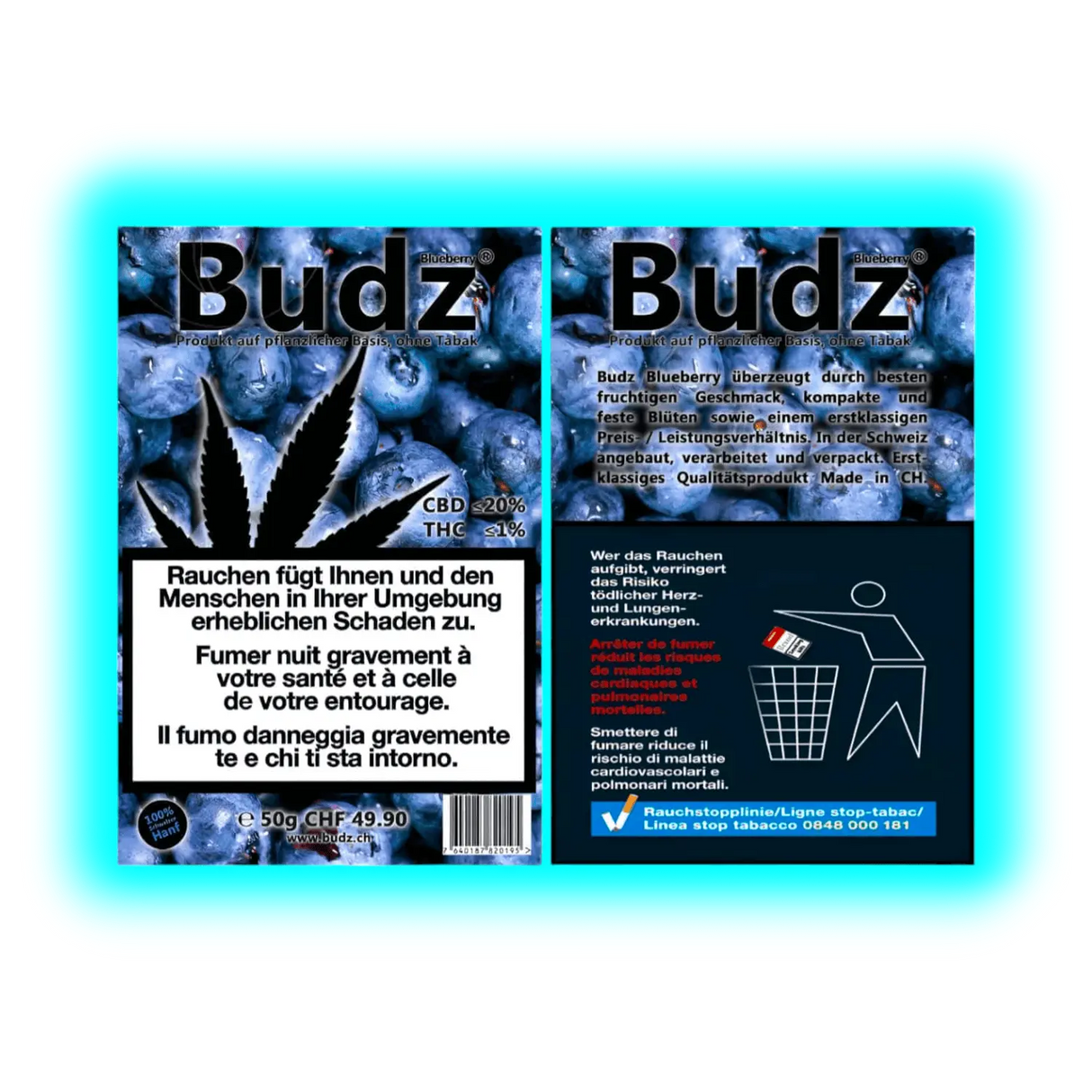 Nahaufnahme: Budz Blueberry Label. Fruchtige Illustrationen treffen auf Laborwerte und die Warnung ‚Rauchen ist tödlich‘