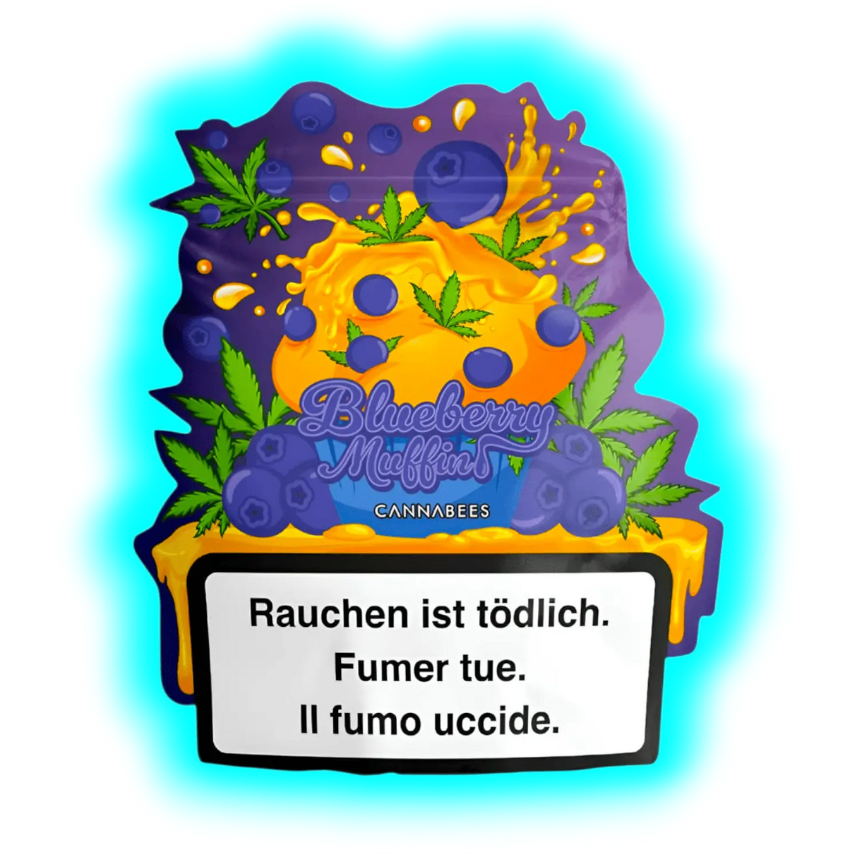 Nahaufnahme: Appetitlicher Muffin mit Blaubeeren und Cannabisblättern. Fokus auf das Motiv und die gesetzlichen Warntexte