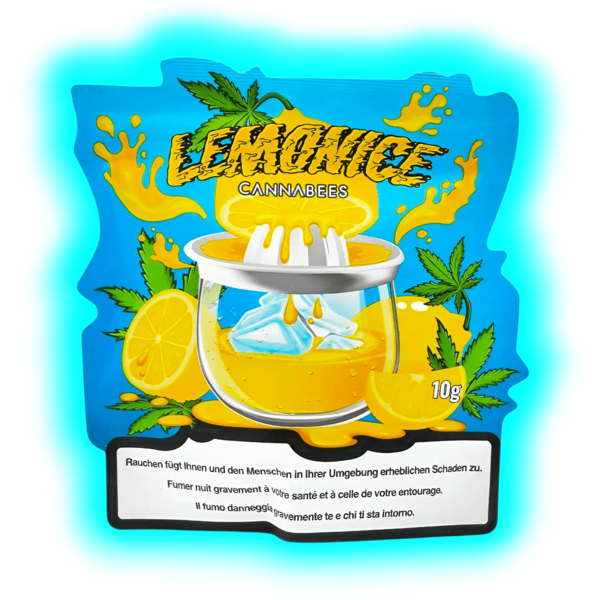 „Lemonice Cannabees CBD – Verpackung mit Zitrus-Motiv, Presse, Hanfblatt-Grafik und dreisprachigen Warnhinweisen.