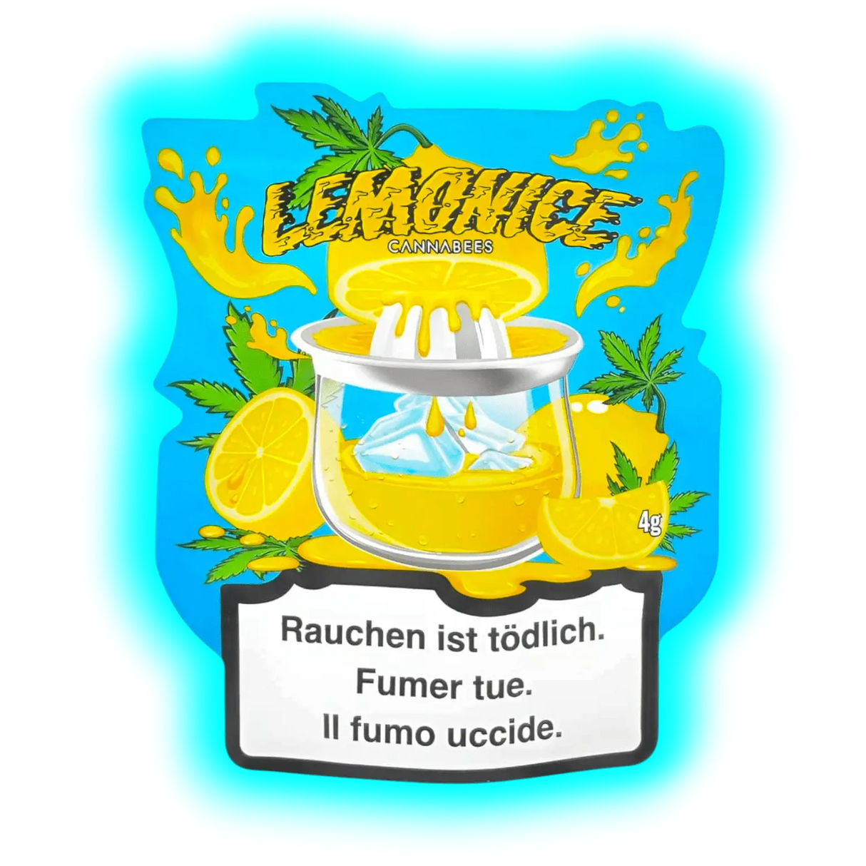 Nahaufnahme: Lemonice Design. Zitronenscheiben und Presse vor blauem Grund mit gesetzlichen Gesundheitshinweisen.