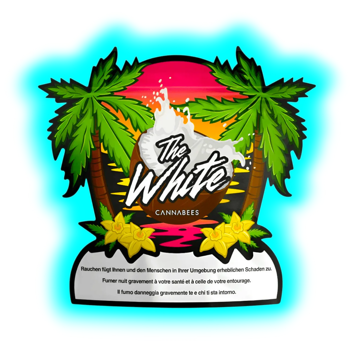 The White Cannabees – Produktverpackung mit exotischem Logo, Blumen-Grafik und dreisprachigen Gesundheitshinweisen.