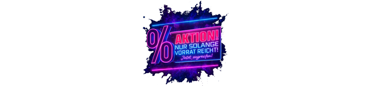 Neon-Schriftzug zur Aktionen-Kategorie mit Prozentzeichen und Hinweis auf reduzierte Produkte im dunklen Farbverlauf