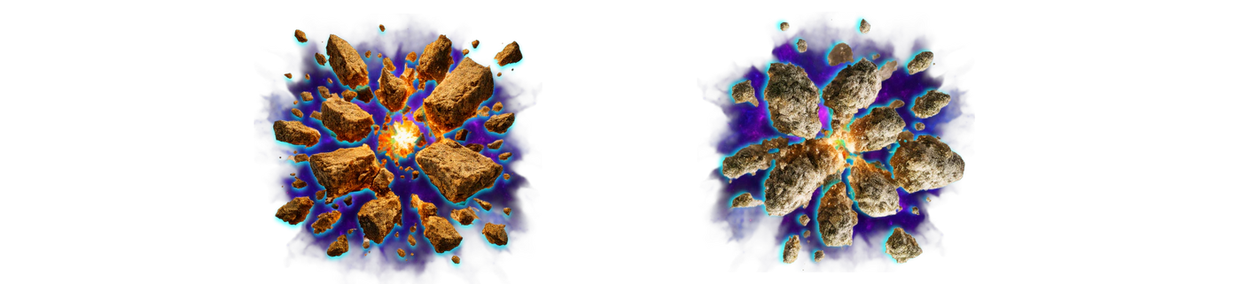 CBD Hasch und CBD Moonrocks als explodierende Gesteinsstücke mit leuchtendem Hintergrund zur visuellen Darstellung der beiden Produktkategorien