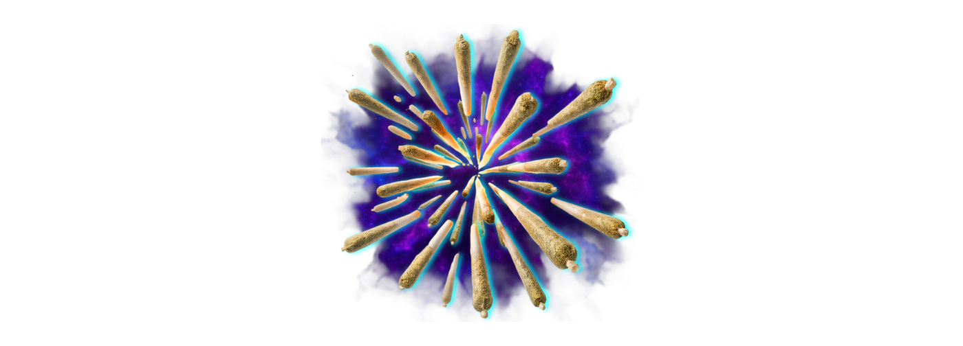 CBD Joints in radialer Anordnung mit gedrehten Spitzen vor kontrastreichem Hintergrund