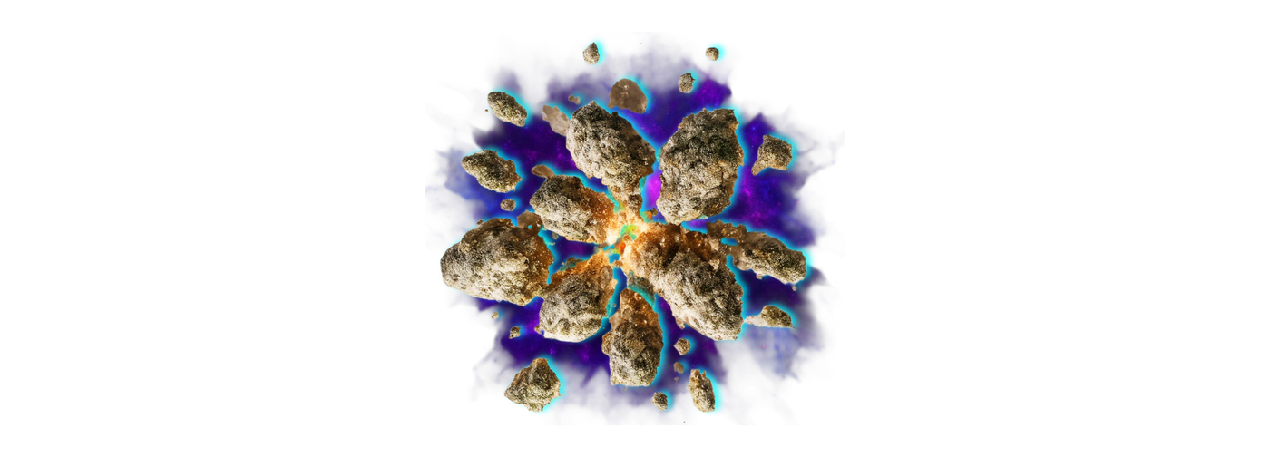 CBD Moonrocks mit kristalliner Oberfläche und unregelmäßiger Form in dynamischer Komposition