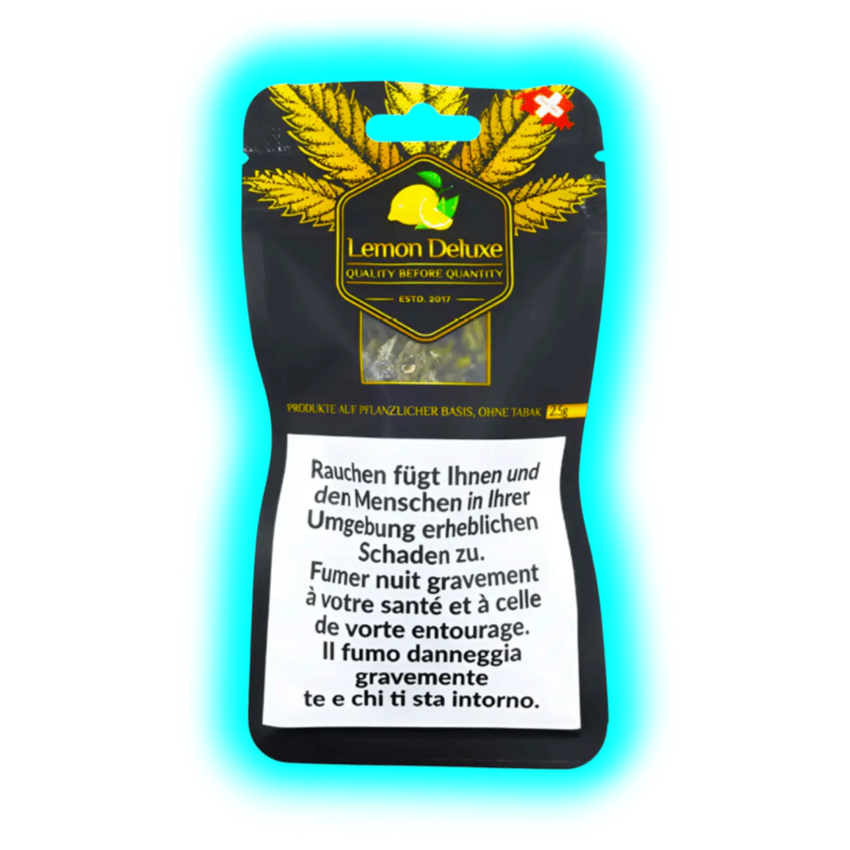 Lemon Deluxe: Packungsdesign mit Produktnamen und dreisprachigen Warnungen vor den gesundheitlichen Risiken des Rauchens.