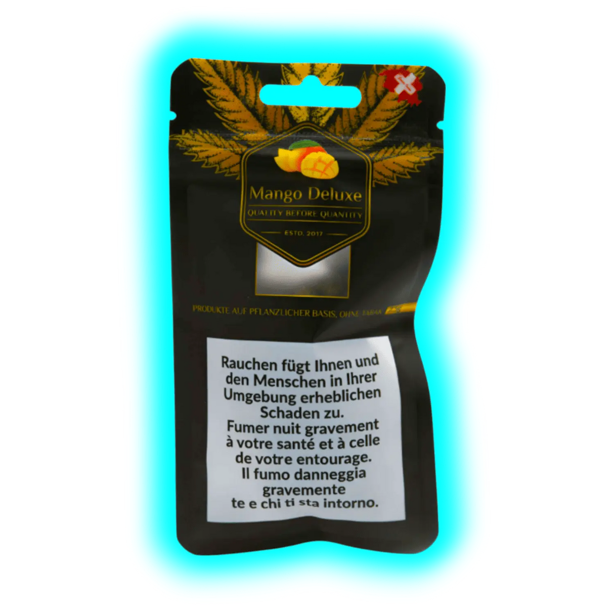 Mango Deluxe CBD-Produkt – Verpackung mit Sortennamen und gesetzlich vorgeschriebenen Warnungen vor Rauchschäden in drei Sprachen.