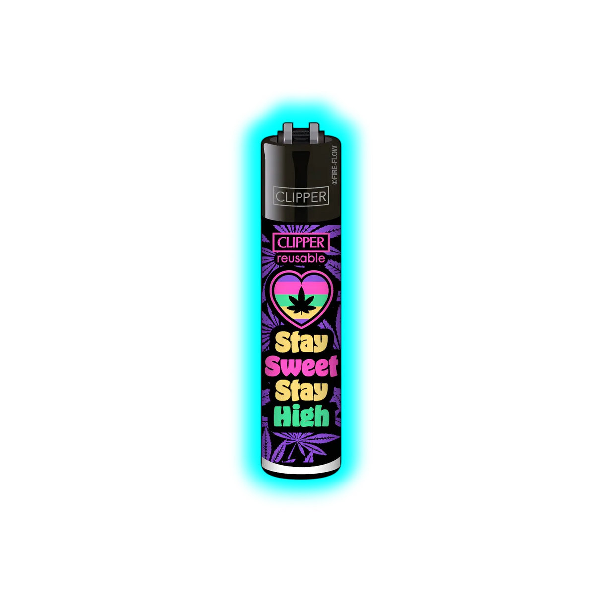 Schwarzes Clipper-Feuerzeug mit buntem Aufdruck eines Herzens mit Cannabisblatt und dem Text 'Stay Sweet Stay High'