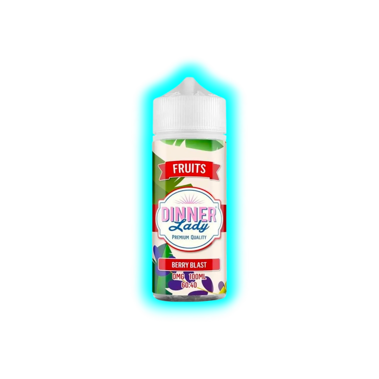 Flasche mit Aufschrift 'Dinner Lady Premium Quality Berry Blast 0MG 100ML 60:40' und Fruchtmotiv