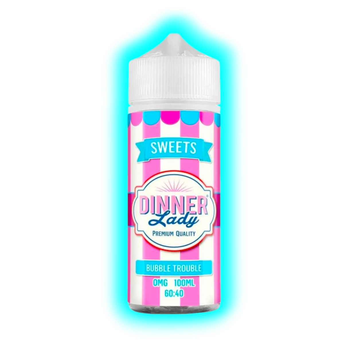 Flasche mit weißem Deckel und Etikett in rosa-weißen Streifen mit der Aufschrift 'Dinner Lady Premium Quality Bubble Trouble 0MG 100ML 60:40'