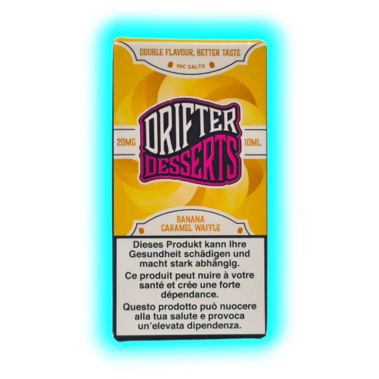 Verpackung mit der Aufschrift 'DRIFTER DESSERTS' und 'BANANA CARAMEL WAFFLE' sowie Warnhinweisen in Deutsch, Französisch und Italienisch