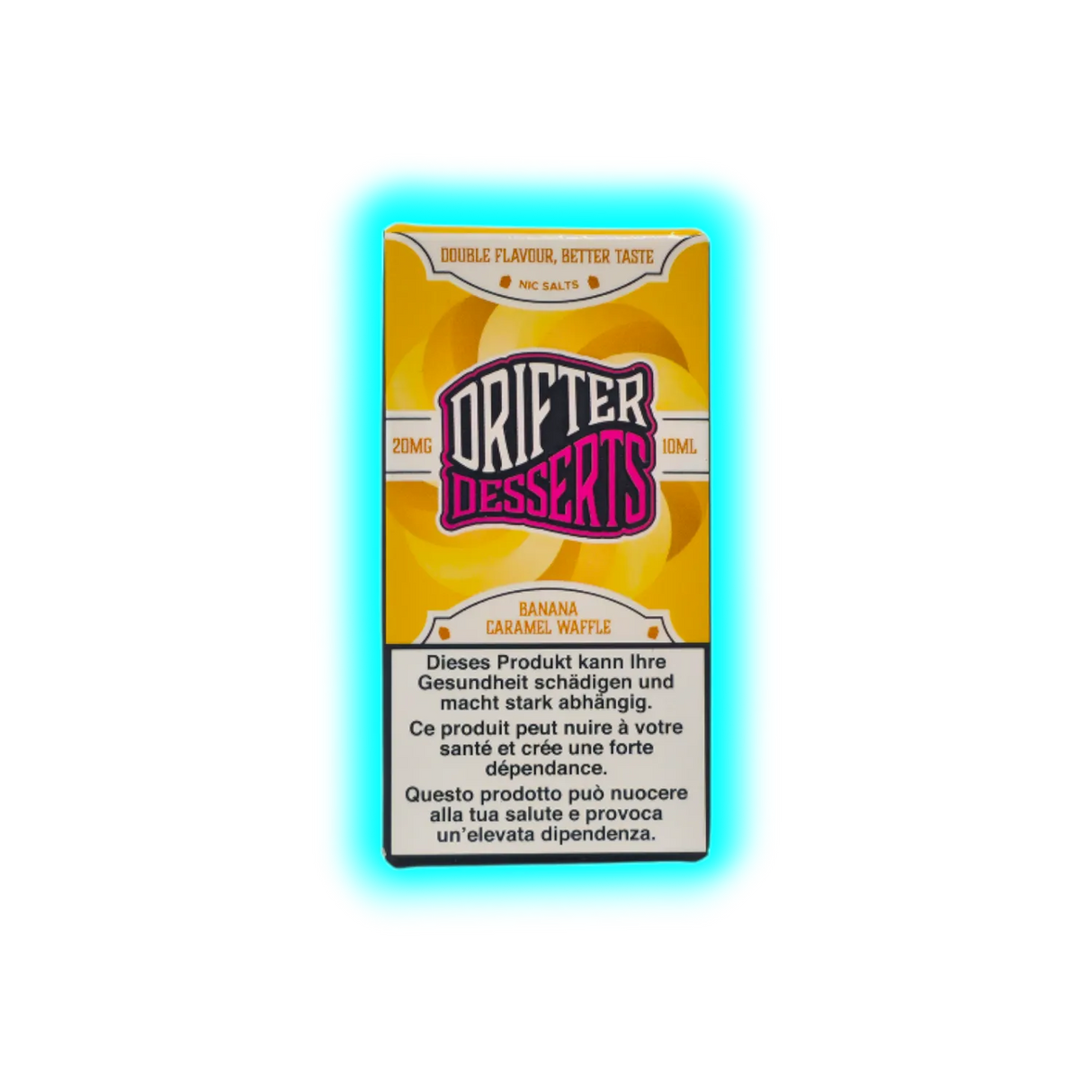 Verpackung mit der Aufschrift 'DRIFTER DESSERTS' und 'BANANA CARAMEL WAFFLE' sowie Warnhinweisen in Deutsch, Französisch und Italienisch
