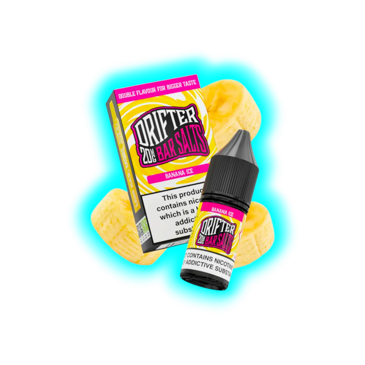 Flasche und Verpackung von Drifter Bar Salts mit Bananeneis-Geschmack vor Bananenscheiben