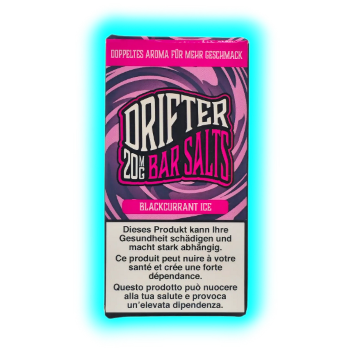 Verpackung mit der Aufschrift 'DRIFTER 20MG BAR SALTS BLACKCURRANT ICE' und Warnhinweisen in Deutsch, Französisch und Italienisch