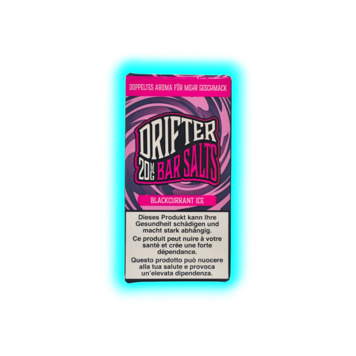 Verpackung mit der Aufschrift 'DRIFTER 20MG BAR SALTS BLACKCURRANT ICE' und Warnhinweisen in Deutsch, Französisch und Italienisch
