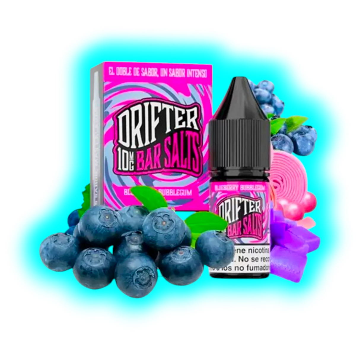Flasche und Verpackung von Drifter Bar Salts mit Blaubeer- und Kaugummimotiv sowie Blaubeeren und rosa Kaugummistreifen im Hintergrund