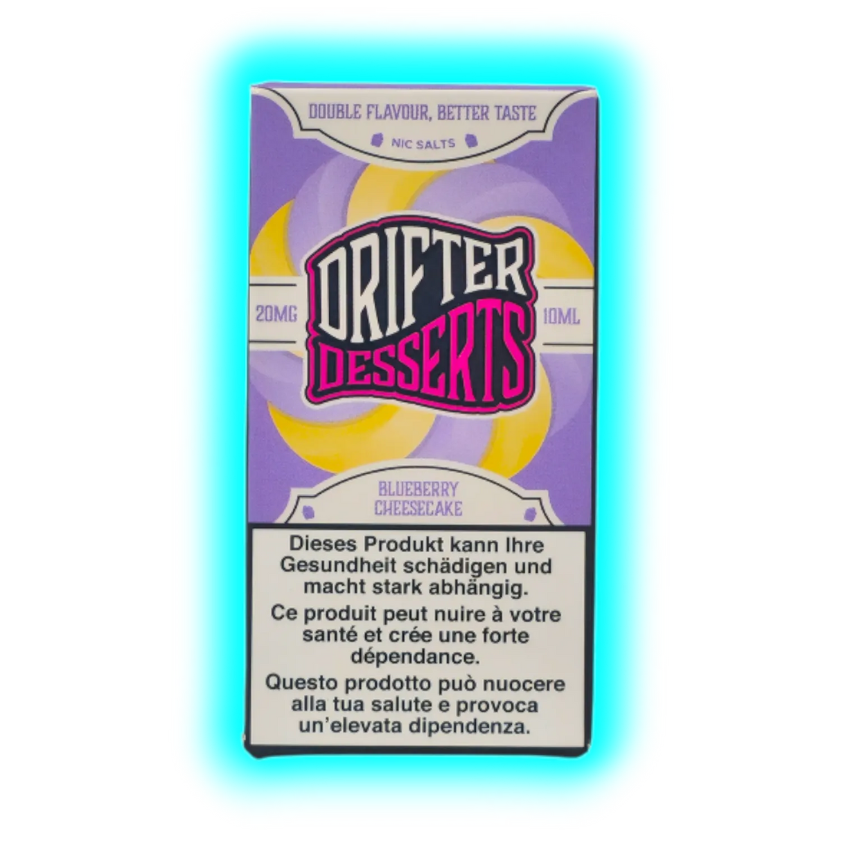 Verpackung eines Drifter Desserts Blueberry Cheesecake Nikotinsalzes mit Warnhinweis in mehreren Sprachen