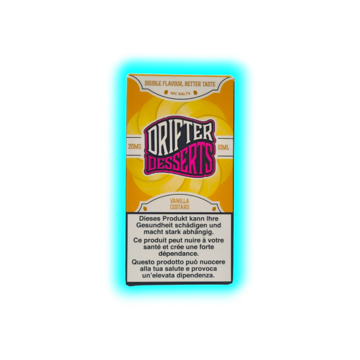 Verpackung mit der Aufschrift 'DRIFTER DESSERTS' und Warnhinweisen in Deutsch, Französisch und Italienisch zu Gesundheitsrisiken und Abhängigkeit