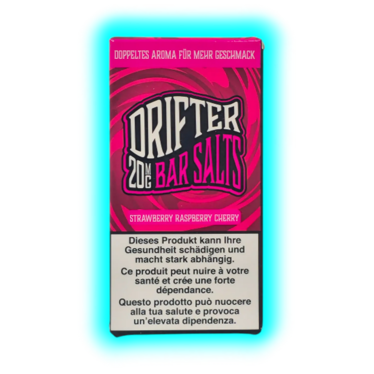 Verpackung mit der Aufschrift 'DRIFTER 20MG BAR SALTS STRAWBERRY RASPBERRY CHERRY' und Warnhinweis in Deutsch, Französisch und Italienisch