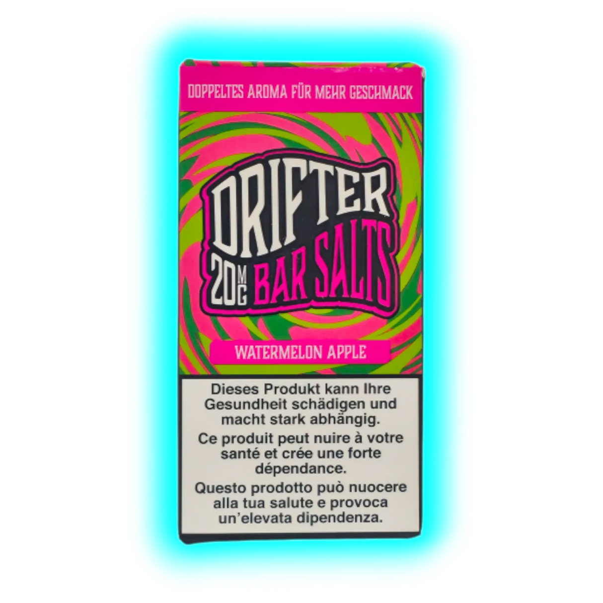 Verpackung mit der Aufschrift 'DRIFTER 20MG BAR SALTS WATERMELON APPLE' und Warnhinweisen in Deutsch, Französisch und Italienisch