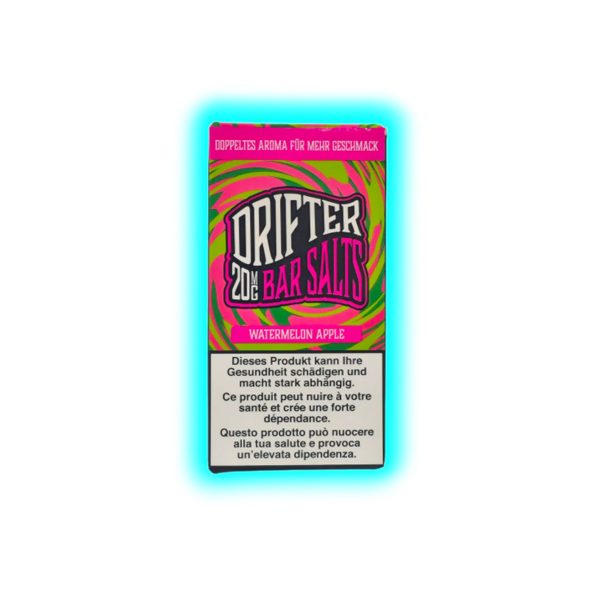 Verpackung mit der Aufschrift 'DRIFTER 20MG BAR SALTS WATERMELON APPLE' und Warnhinweisen in Deutsch, Französisch und Italienisch