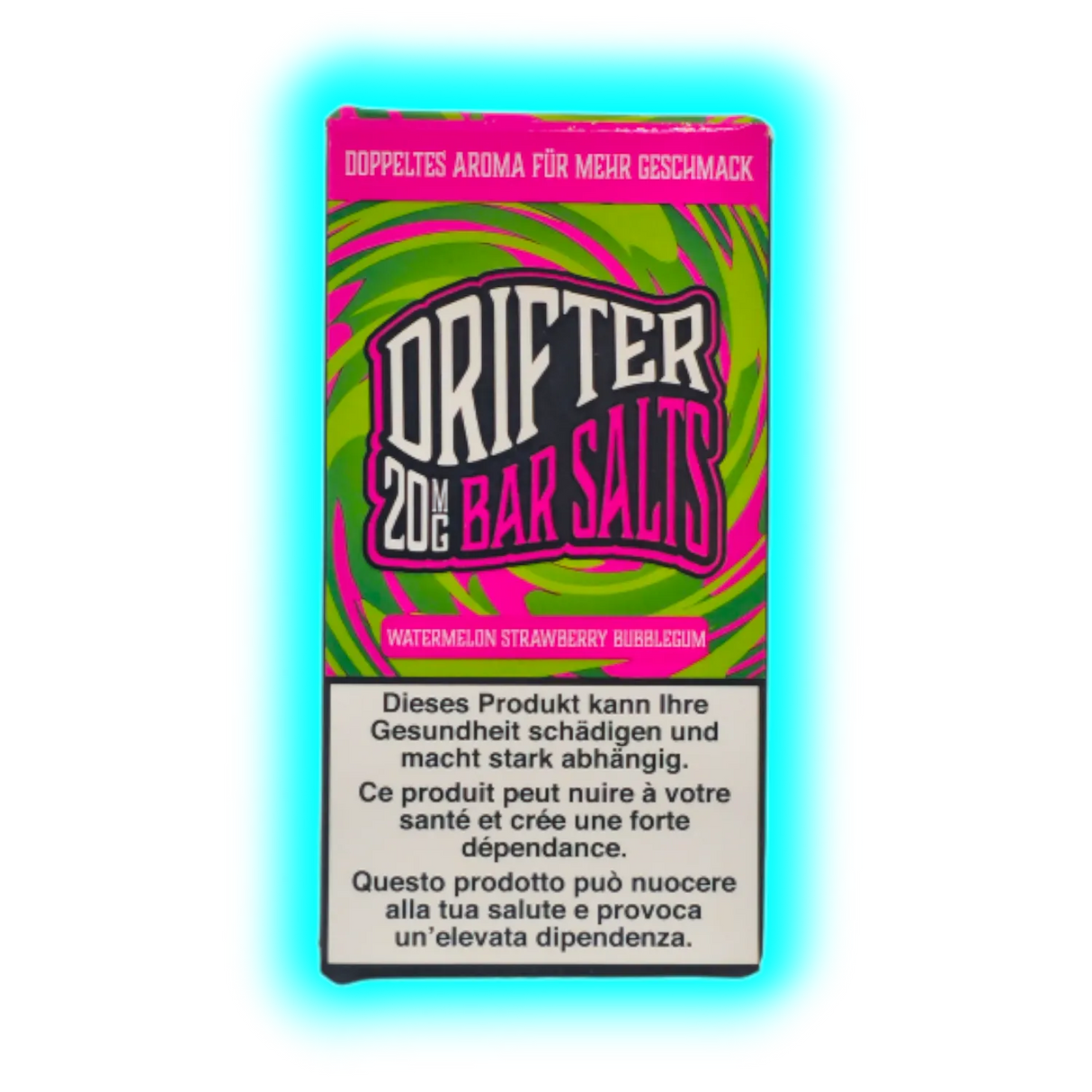 Verpackung mit der Aufschrift 'DRIFTER 20MG BAR SALTS' und Warnhinweisen in Deutsch, Französisch und Italienisch vor einem psychedelischen grünen und pinken Hintergrund
