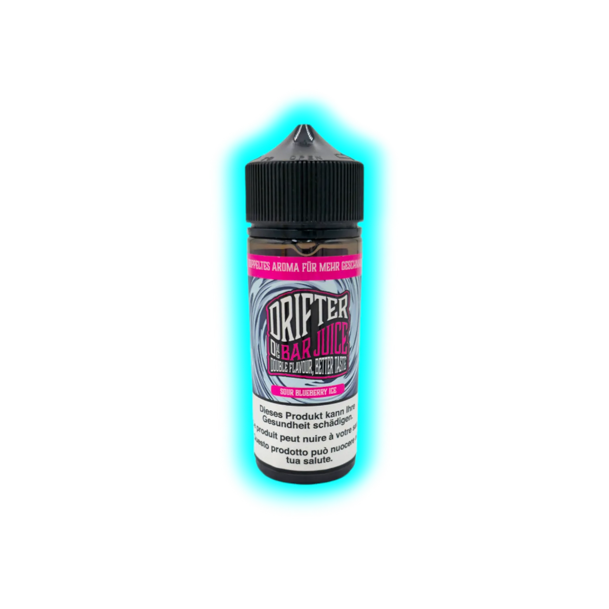Flasche mit schwarzem Schraubverschluss und Etikett mit der Aufschrift 'DRIFTER OG BAR JUICE SOUR BLUEBERRY ICE' und Warnhinweis in mehreren Sprachen