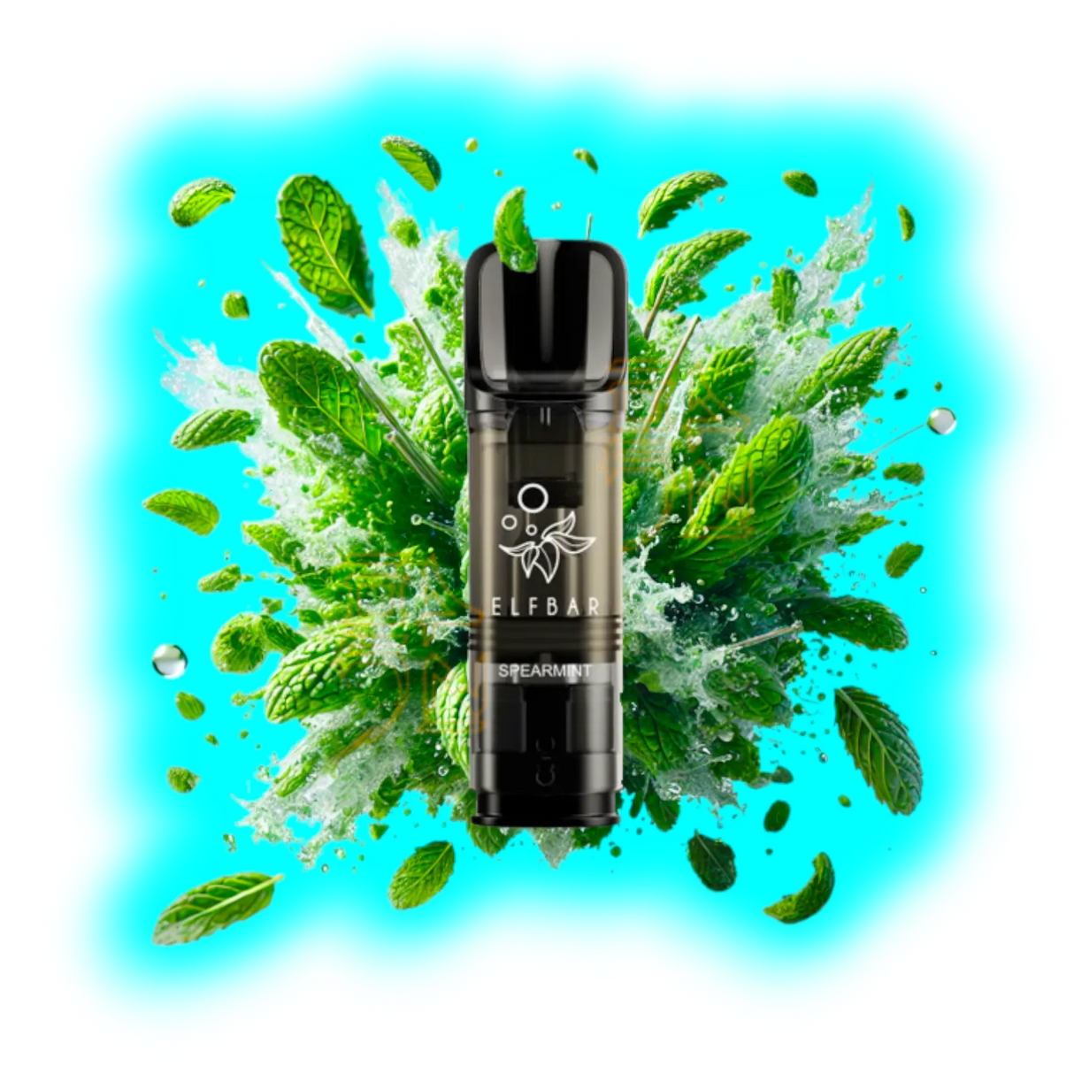 Nahaufnahme eines schwarzen Elf Bar Elfa Pro Einweg-Pods mit Spearmint-Geschmack vor einem Hintergrund aus Minzblättern und Minzsirup-Spritzern