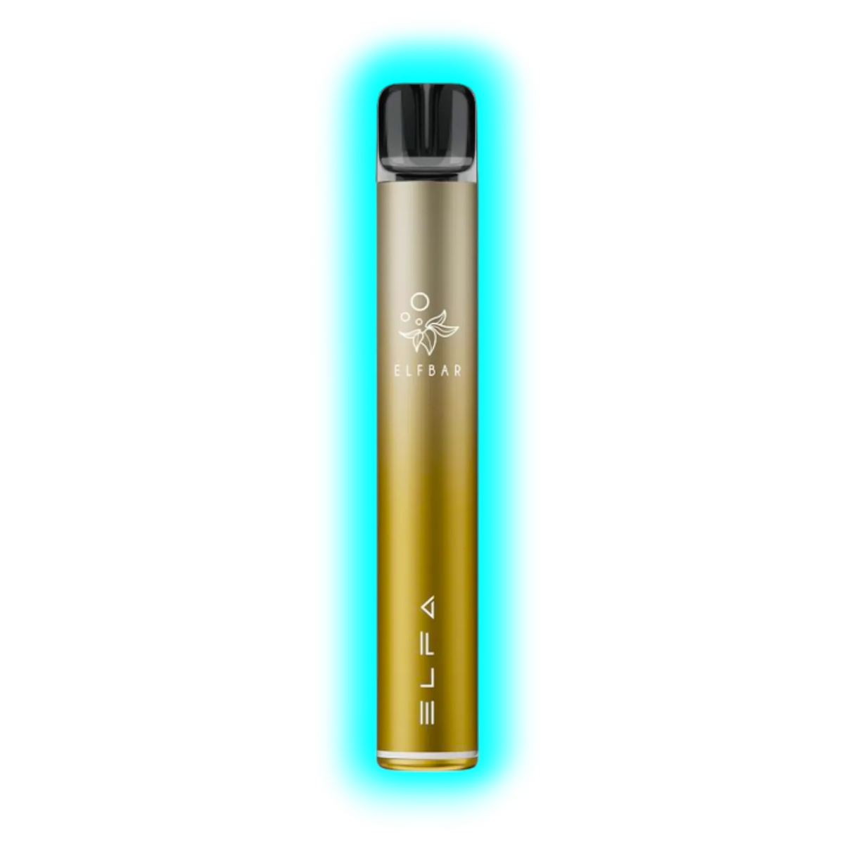 Schlanker, zylindrischer Vape-Stift in dunklem Gold mit schwarzem Mundstück und weißem Logo