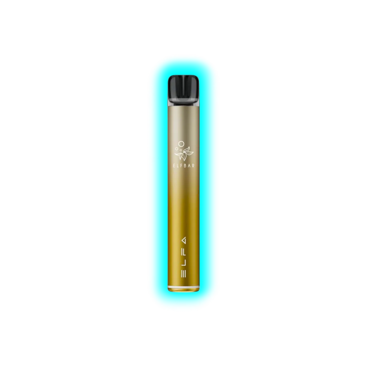 Schlanker, zylindrischer Vape-Stift in dunklem Gold mit schwarzem Mundstück und weißem Logo