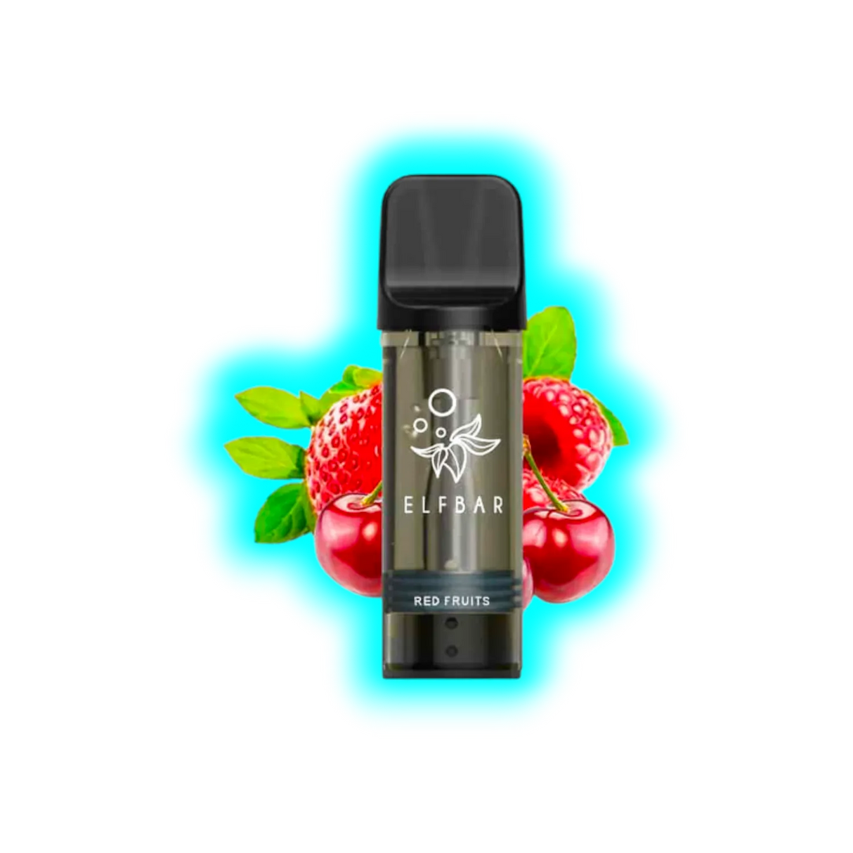 Vape-Pod mit schwarzem Mundstück und transparentem Tank, davor Kirschen und Erdbeeren, Beschriftung 'ELFBAR' und 'RED FRUITS'