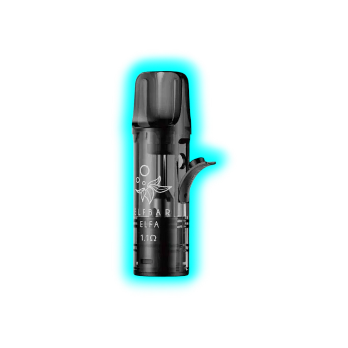 Nahaufnahme eines schwarzen, zylindrischen Nachfüllpods mit abgerundetem Mundstück und seitlichem Hebel, beschriftet mit 'ELFBAR ELFA 1.1Ω'