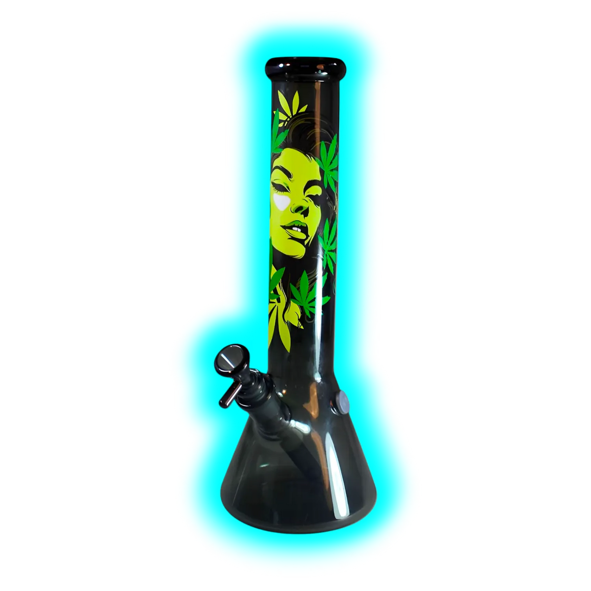 Nahaufnahme eines Glasbongs mit der Aufschrift 'FIRE-FLOW™ x Black Leaf®' und einem grünen Blattmotiv