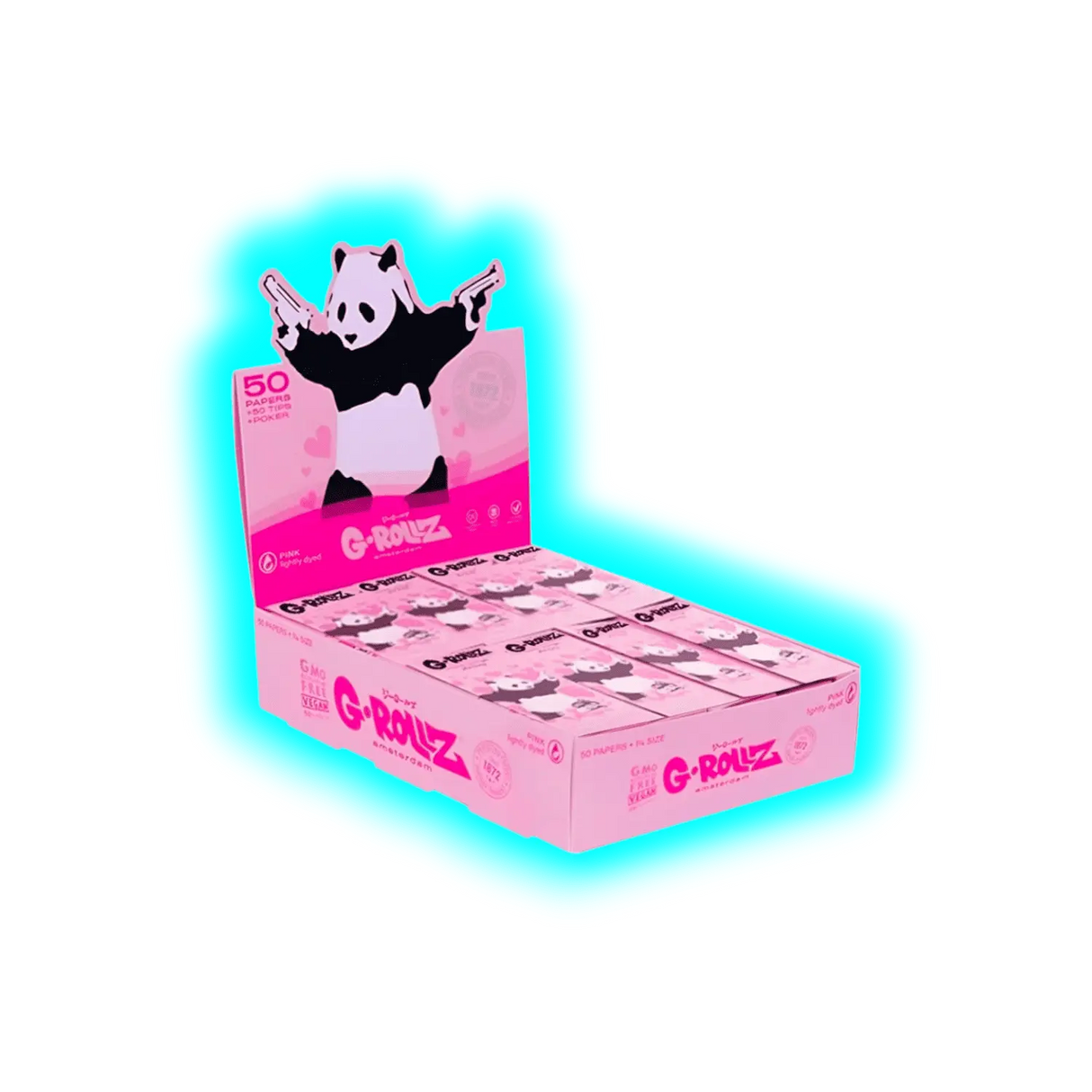 G-Rollz Banksy Panda Gunnin Lightly Dyed Pink 1 1/4 Papers + Tips Display 24pcs