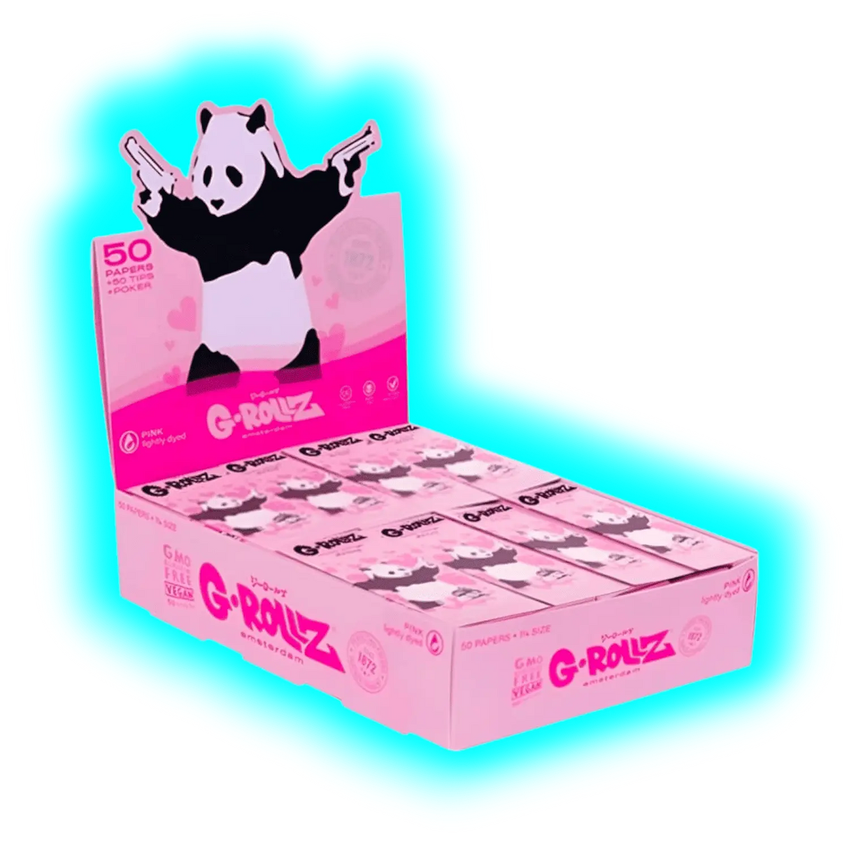 G-Rollz Banksy Panda Gunnin Lightly Dyed Pink 1 1/4 Papers + Tips Display 24pcs