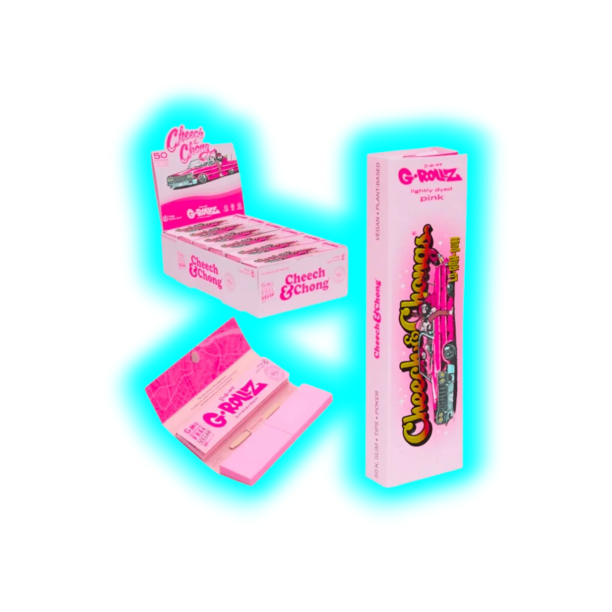 G-Rollz Cheech Chong Lightly Dyed Pink King Slim Papers + Tips Display 24pcs