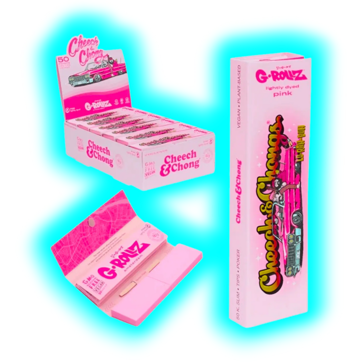 G-Rollz Cheech Chong Lightly Dyed Pink King Slim Papers + Tips Display 24pcs