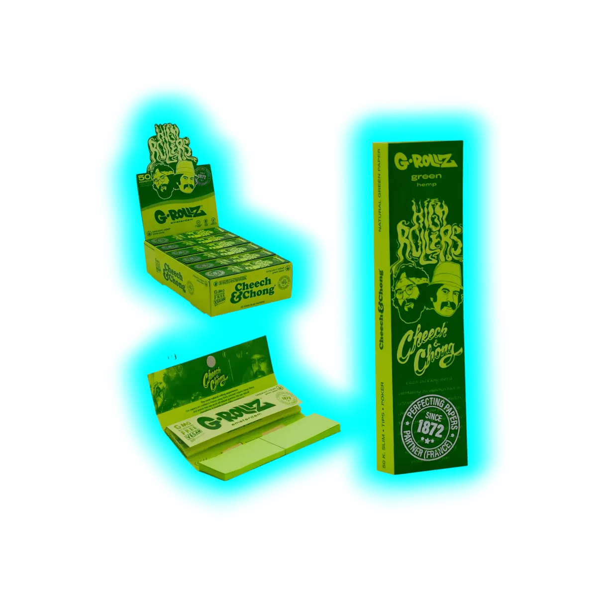 G-Rollz Cheech Chong Organic Green Hemp KS Papers + Tips Display