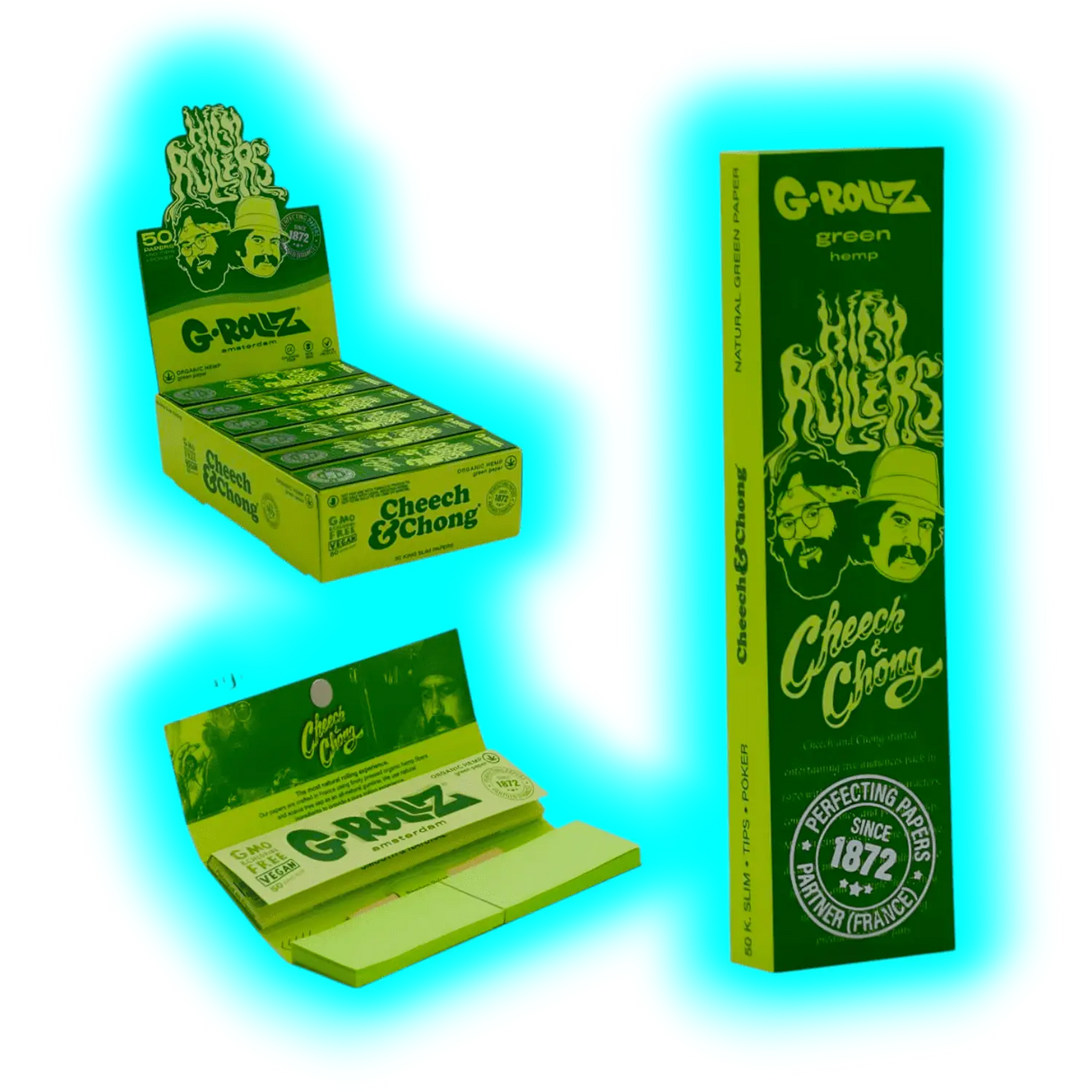 G-Rollz Cheech Chong Organic Green Hemp KS Papers + Tips Display